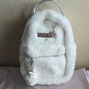 Playboy Cream Faux Fur Backpack with Silver Accents